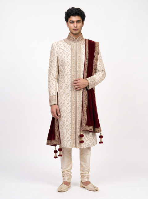 Mens Embroidered Raw Silk Groom Sherwani AI Fashion Photography Prompts - Primary Shot
