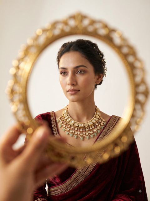 Royal Kundan Necklace Through Mirror AI Jewelry Editorial Photography Prompt Heritage Theme