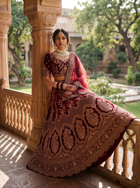 AI Maroon Velvet Bridal Lehenga Photography Prompts - Angle 3