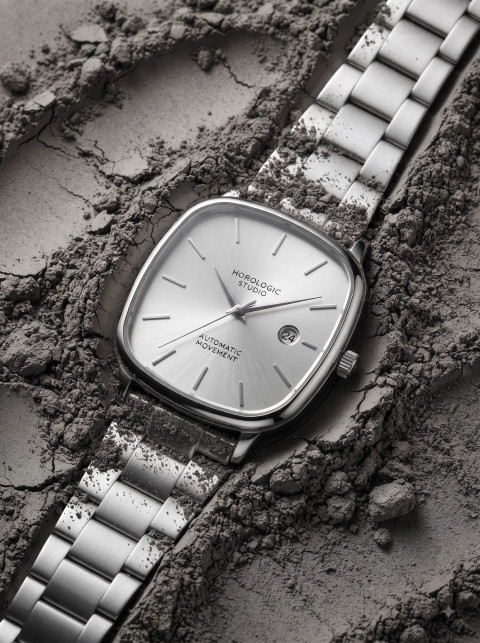 Rugged Elegance Watch AI Creative Product Photography Prompt Volcanic Ash Texture