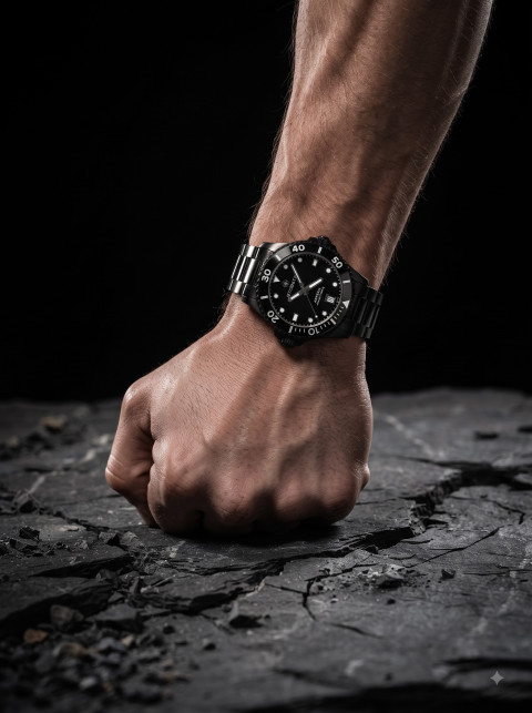 Rugged Wristwatch AI Lifestyle Product Photography Prompt Clenched Fist on Slate