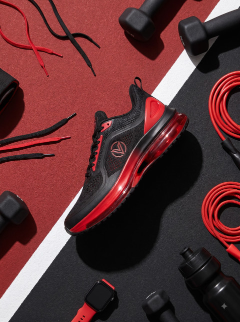 Running Shoes Flat Lay with Gym Equipment