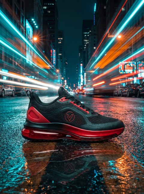 Running Shoes on Wet City Street with Light Trails