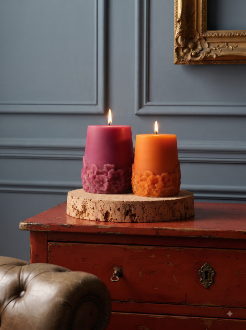 AI Pillar Candle Duo Photography Prompts: Floral Embossed Wax Styles - Angle 3