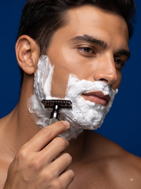 Safety Razor Commercial Lifestyle Product Photography Prompt Man Shaving Action