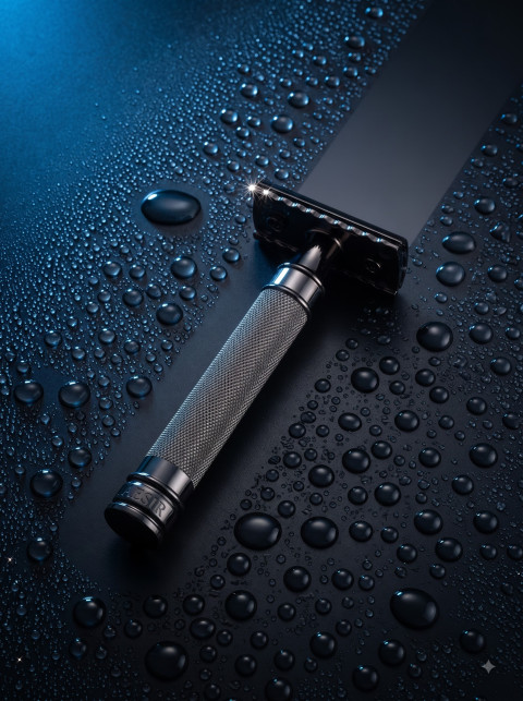 Safety Razor Commercial Macro Product Photography Prompt Water Droplets Glow