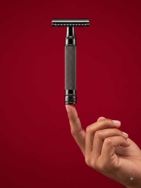 Safety Razor Editorial Studio Product Photography Prompt Finger Balance Red Backdrop