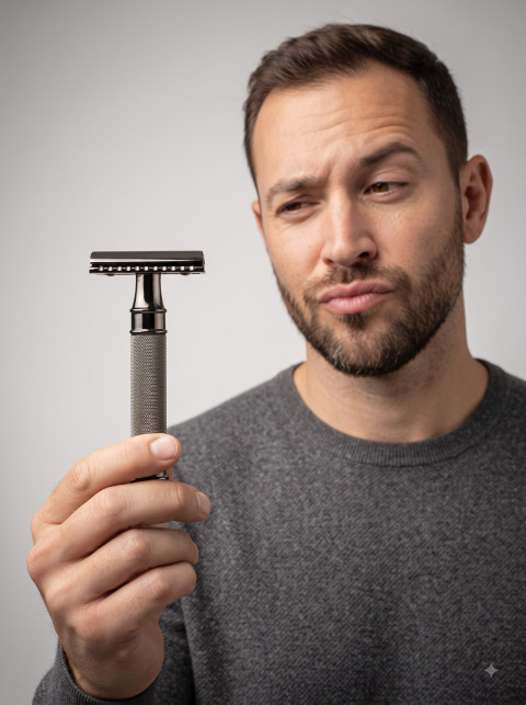 Safety Razor In-Hand Studio Product Photography Prompt Man Inspecting Razor