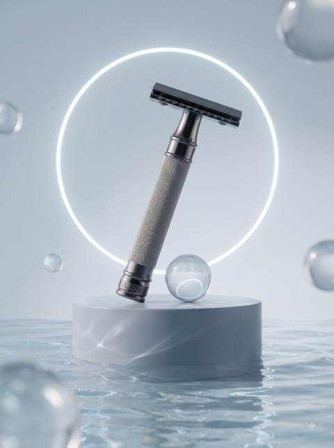 Safety Razor Minimalist Pedestal Product Photography Prompt Neon Ring Glow
