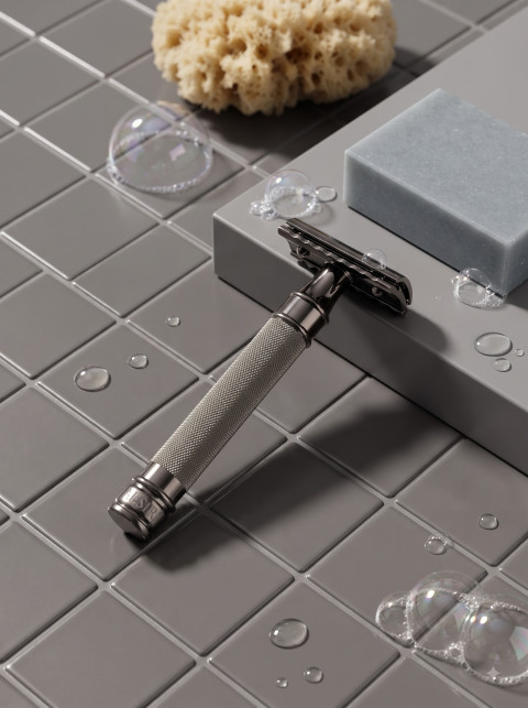 Safety Razor Top-Down Bathroom Tile Product Photography Prompt Minimalist Setup