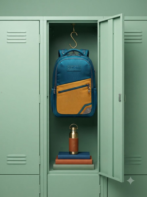 School Backpack Hanging in Green Metal Locker