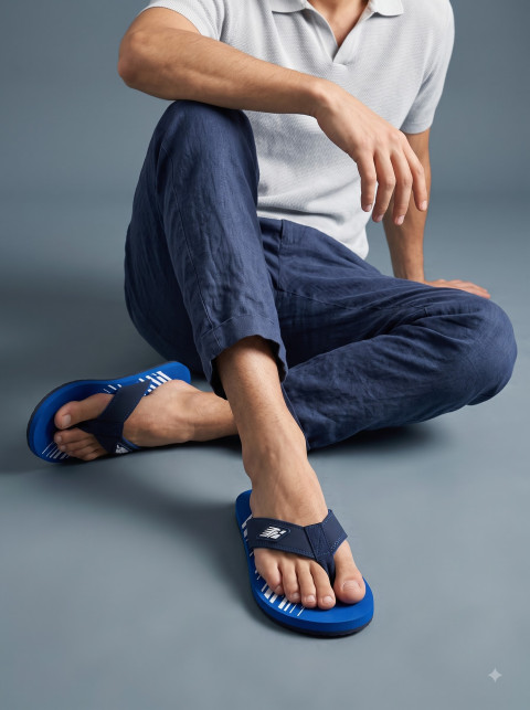 Seated Male Model Casual Lifestyle Product Photography Prompt Linen Trousers & Blue Chappal