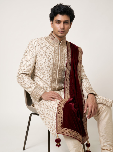 Seated Royal Groom in Cream Sherwani AI Studio Product Photography Prompt