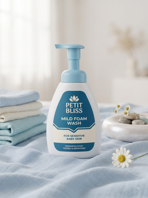 Sensitive Baby Foaming Wash AI Product Photography Prompt Still Life Pastel Setting