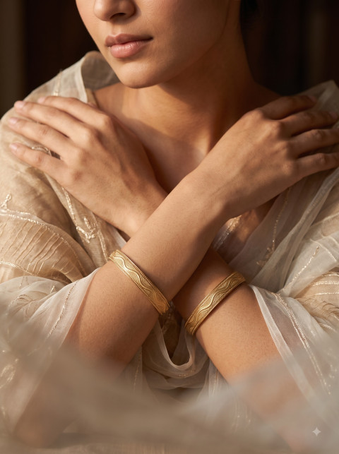 Sheer Gold Attire Crossed Arms Gold Bangles Lifestyle Product Photography Prompt