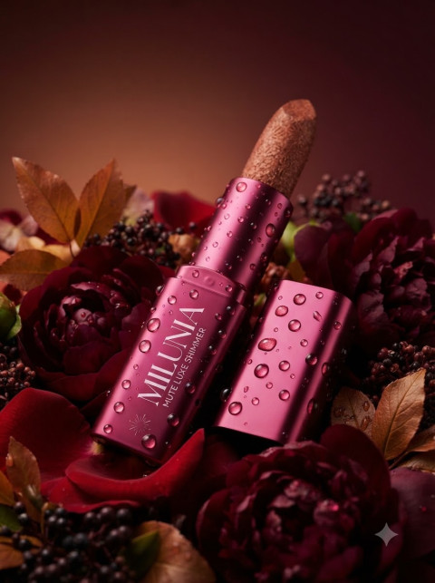 Shimmer Lipstick Packshot with Water Droplets