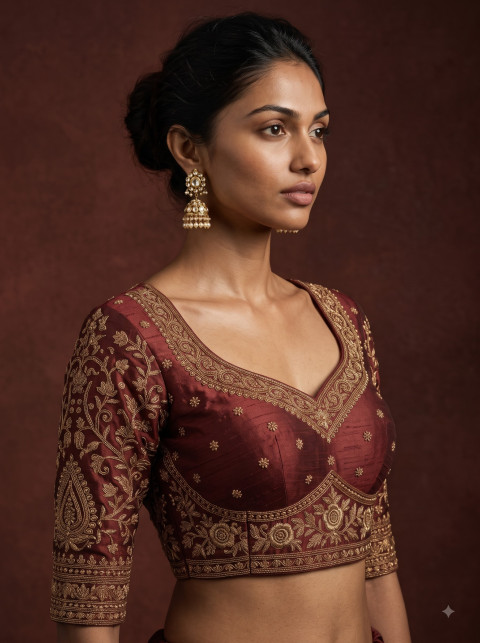 Bridal Embroidered Raw Silk Blouse & Lehenga AI Fashion Photography Prompts - Angle 2