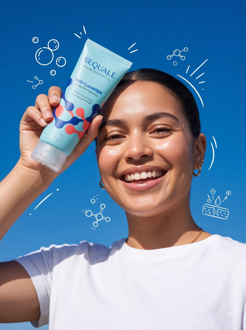 Skincare Product Hero with Model and Doodle Art