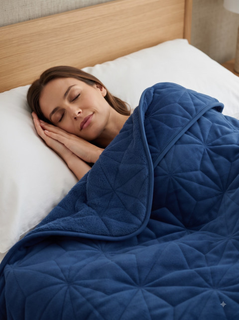 Velvet Blue Quilted Weighted Blanket Luxury Studio & Lifestyle Photoshoot Prompts - Primary Shot