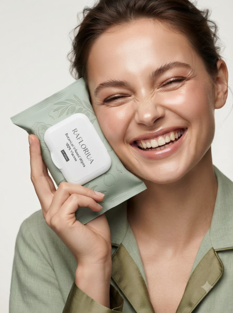 Smiling Model Holding Makeup Wipes in Green Outfit