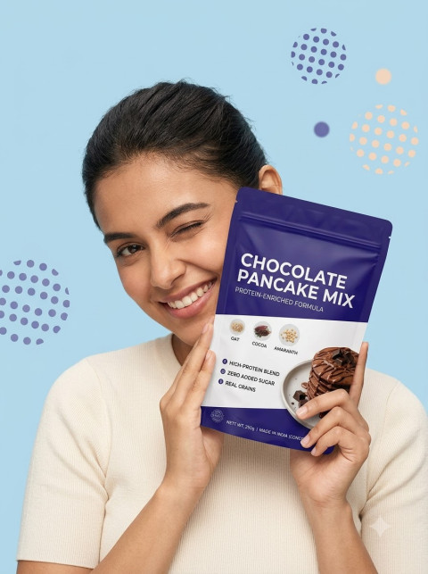 Smiling Woman Winking with Pancake Mix Pouch