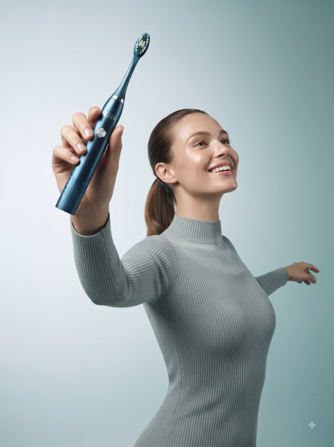 Sonic Toothbrush AI Commercial Lifestyle Model Photography Prompt Joyful Woman Studio Shot