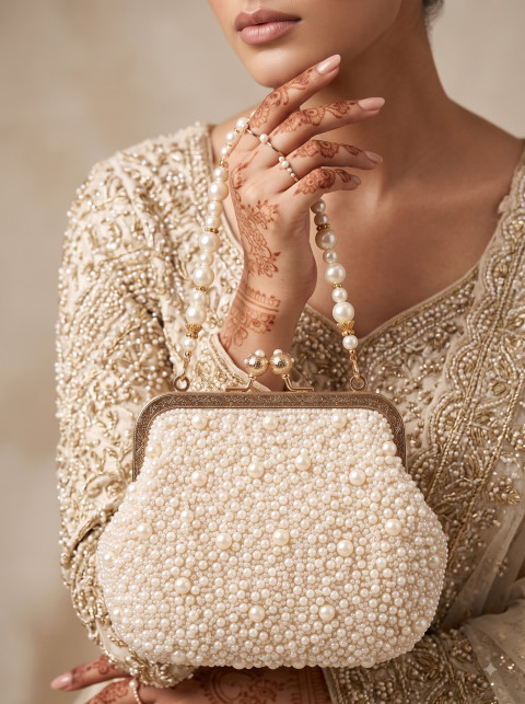 South Asian Bridal Pearl Clutch AI Close-Up Product Photography Prompt