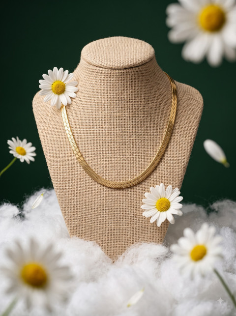 Spring Daisy Gold Chain Ecommerce Jewelry Photography Prompt Linen Mannequin Bust