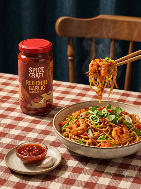 Steaming Shrimp Noodles and Chili Paste Photography
