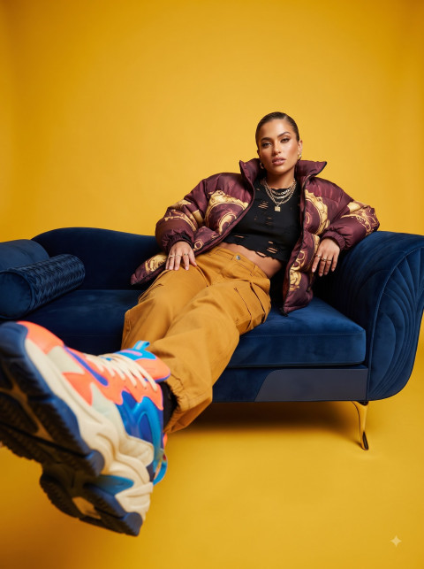 Street Style Woman on Blue Velvet Sofa