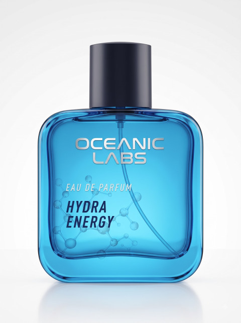 Studio E-Commerce Product Photography Prompt Blue Glass Cologne Bottle Minimalist Packshot