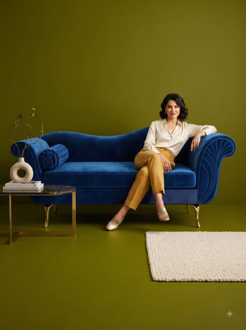 Stylish Woman on Blue Velvet Sofa with Olive Wall