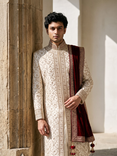 Sunlit Stone Architecture Royal Sherwani AI Commercial Lifestyle Photography Prompt