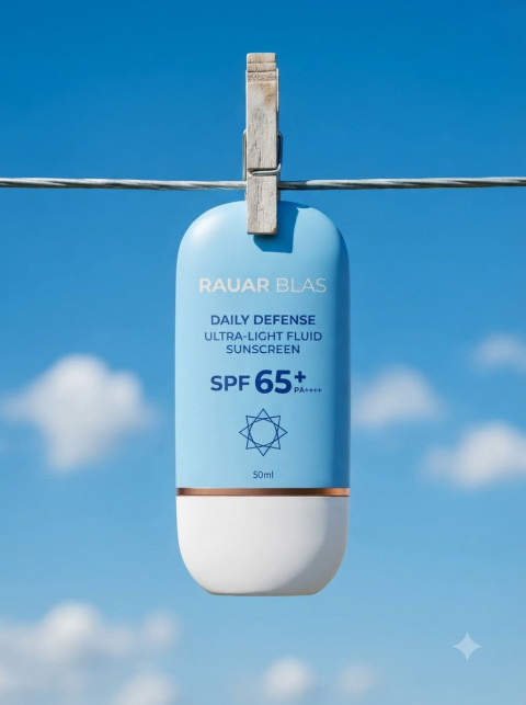 Sunscreen Bottle Clothespin Hanging on Sky Background