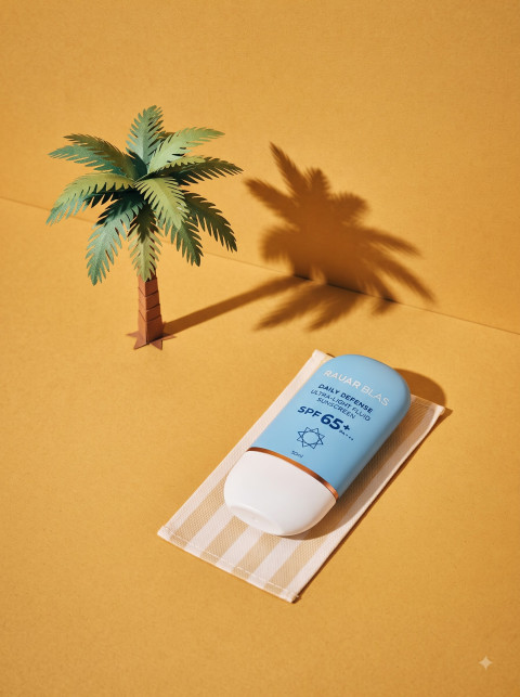 Sunscreen Bottle with Paper Palm on Orange Counter