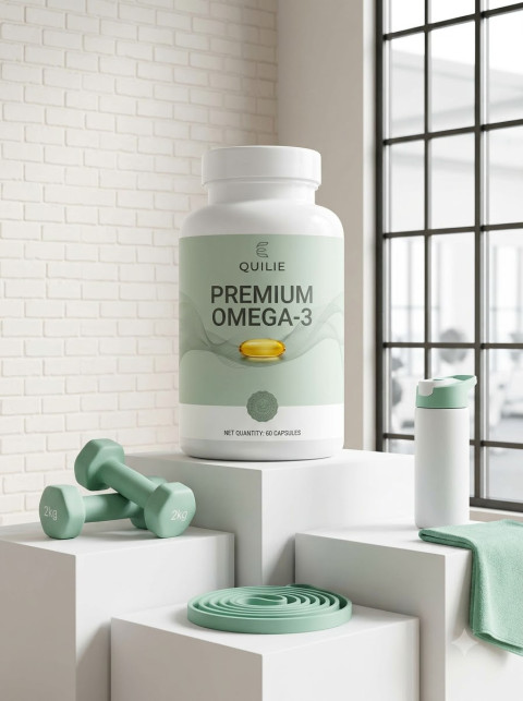 Supplement Bottle with Gym Weights and Brick Wall