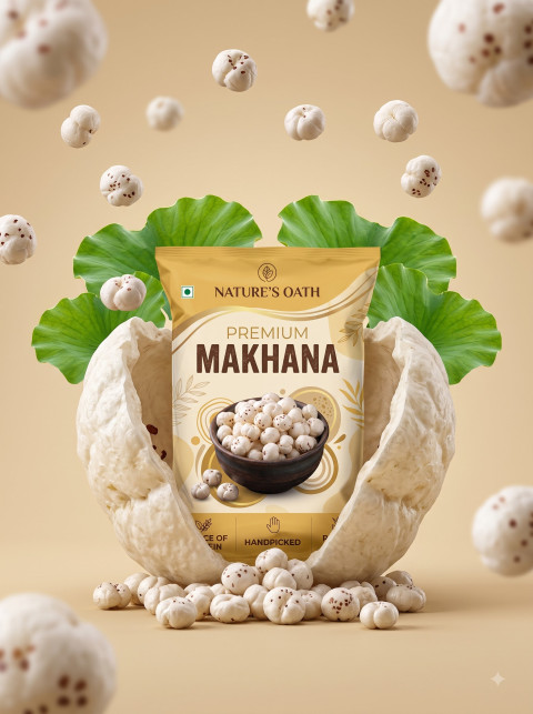 Surreal 3D Sculpture Product Photography Prompt Makhana Packet in Giant Seed Shell