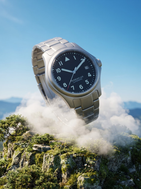 Surreal Conceptual Product Photography Prompt Levitating Titanium Watch Over Misty Mountain Peak