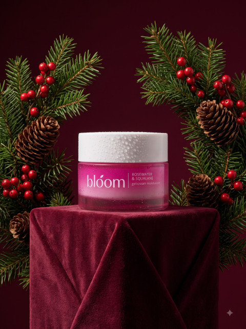 Symmetrical Studio AI Product Photography Prompt Christmas Moisturizer Velvet Pedestal
