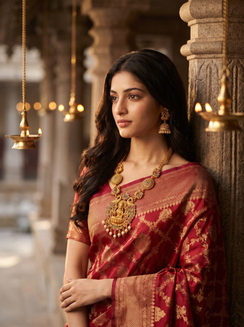 AI Temple Jewelry Photography Prompts Antique Gold Lakshmi Necklace & Jhumka Set in Royal Heritage Studio Settings - Angle 3