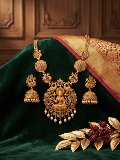 AI Temple Jewelry Photography Prompts Antique Gold Lakshmi Necklace & Jhumka Set in Royal Heritage Studio Settings - Primary Shot