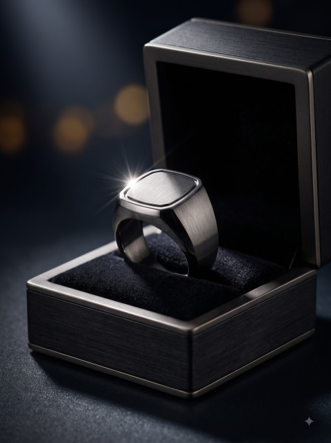 Titanium Signet Ring in Velvet Gift Box Luxury Commercial Jewelry Photography Prompt