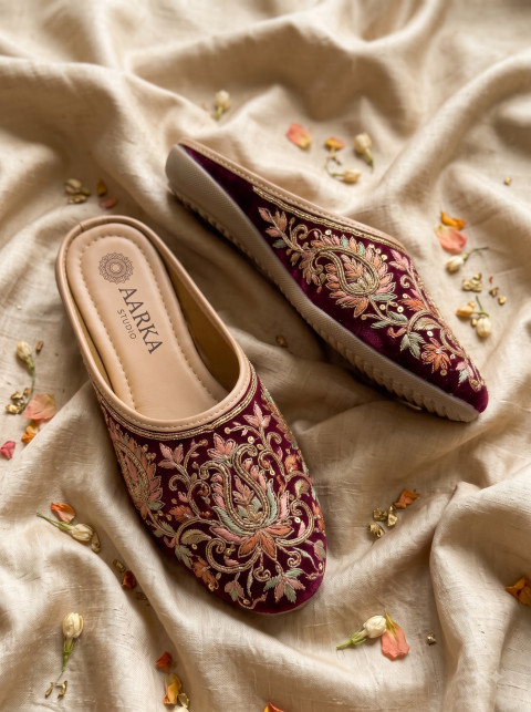 AI Ethnic Velvet Footwear Photography Prompts & Maroon Embellished Jutti Studio Collection - Angle 2