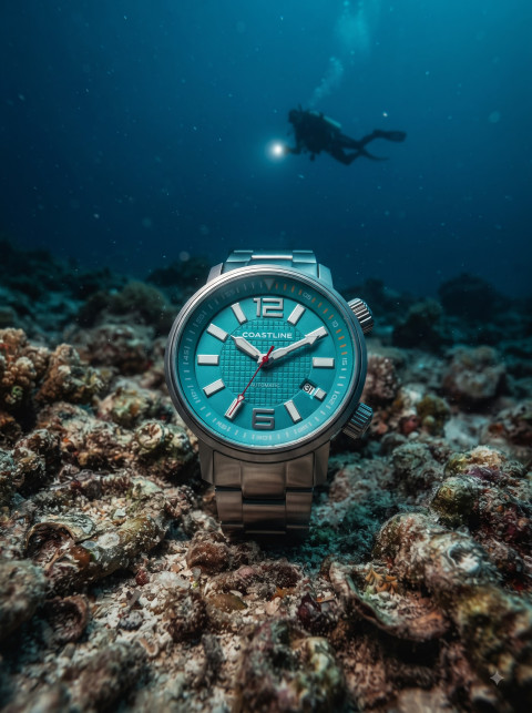 Underwater Product Photography Prompt Diver Timepiece on Coral Seabed