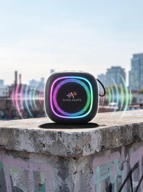 RGB Bluetooth Speaker Commercial Studio and Lifestyle Photoshoot Prompts - Angle 3