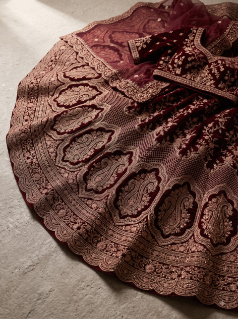 AI Maroon Velvet Bridal Lehenga Photography Prompts - Primary Shot