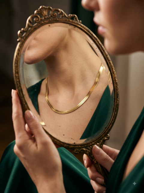 Vintage Mirror Gold Chain Lifestyle Jewelry Photography Prompt Classic Parisian Vibe