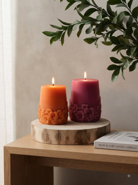 AI Pillar Candle Duo Photography Prompts: Floral Embossed Wax Styles - Angle 2