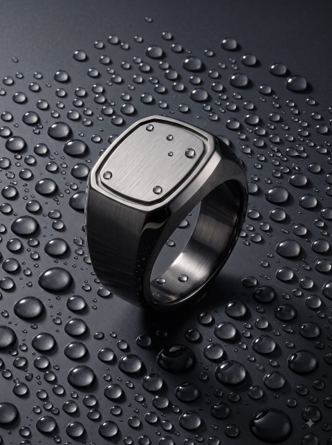 Dark Titanium Signet Ring Minimalist Studio & Lifestyle Photography Prompts - Primary Shot
