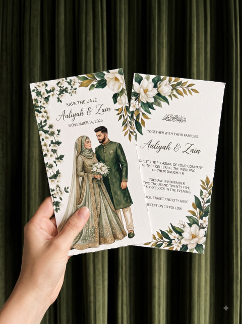 Wedding Card Handheld Commercial Product Photography Prompt Green Velvet Drapes